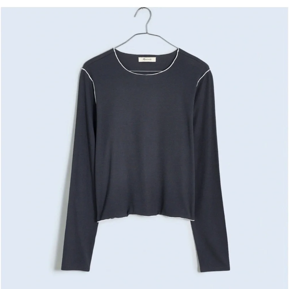 New Madewell Contrast Stitched Crewneck Crop Lightweight Tee Shirt Black Coal M - Picture 5 of 11